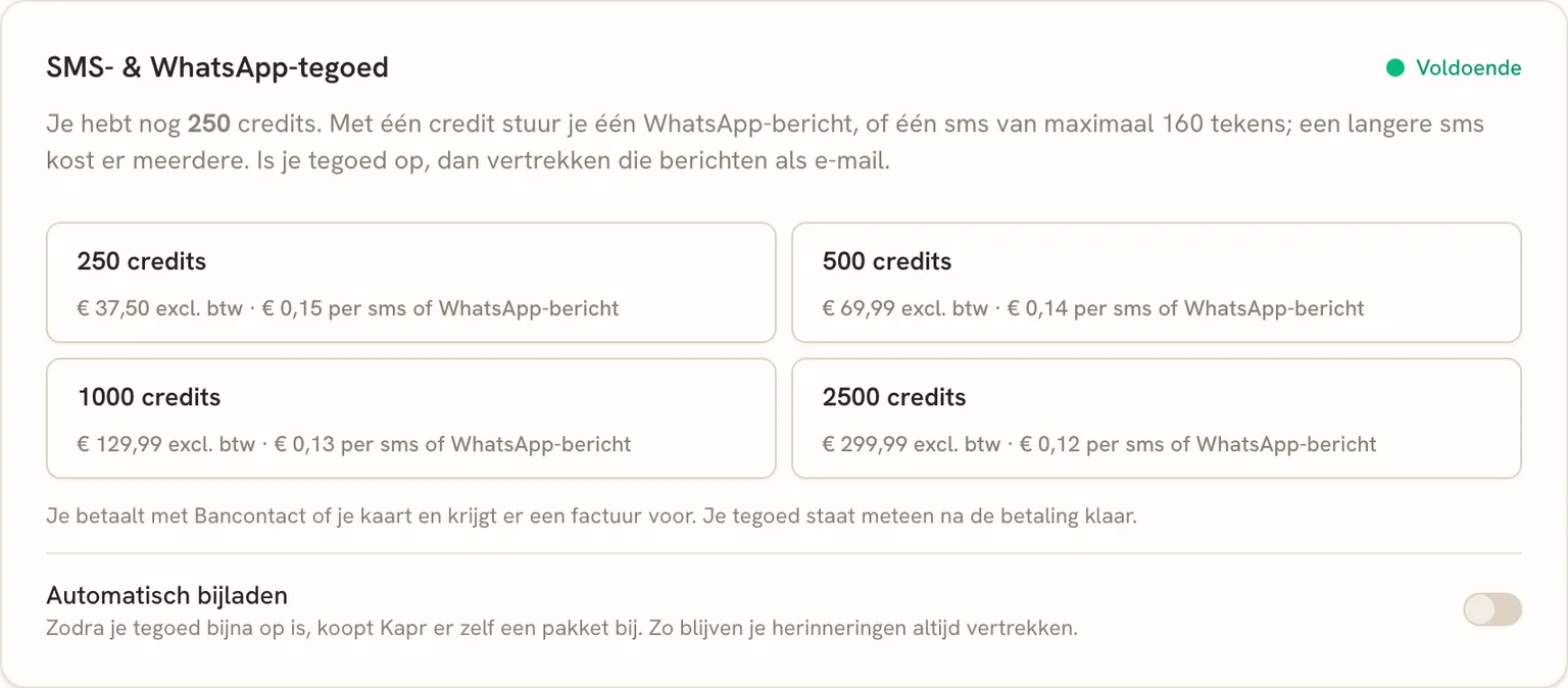 De kaart SMS- & WhatsApp-tegoed, met je resterende credits en de prepaid-packs om bij te kopen.